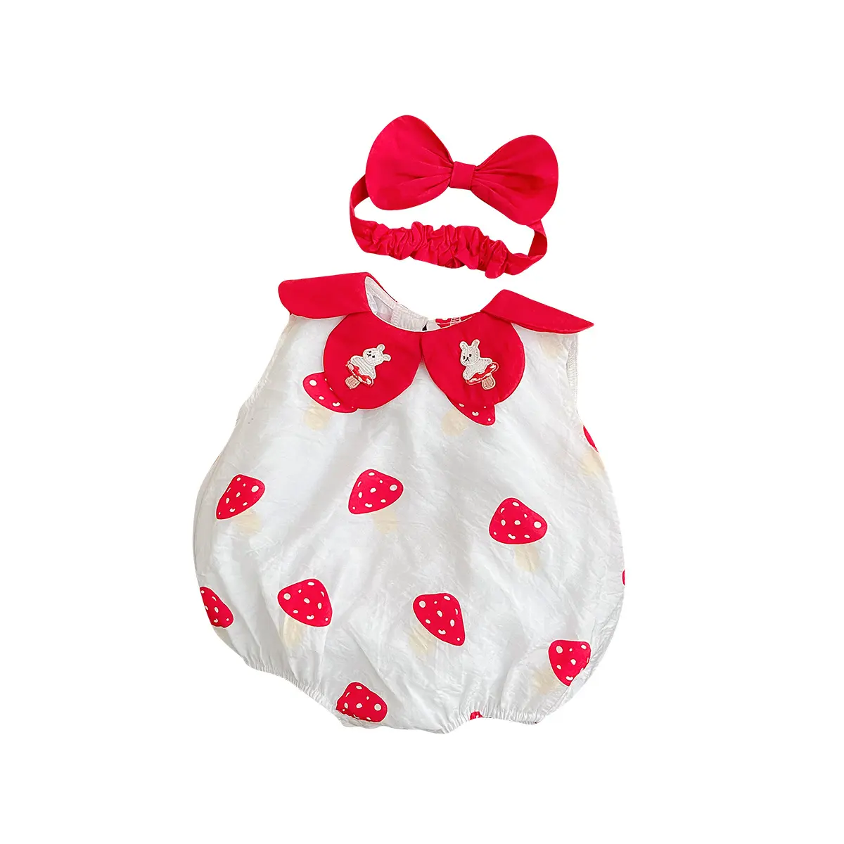 2025 Summer Baby Girl Strawberry Print Petal Collar Sleeveless Romper with Headband Instagram Fashion