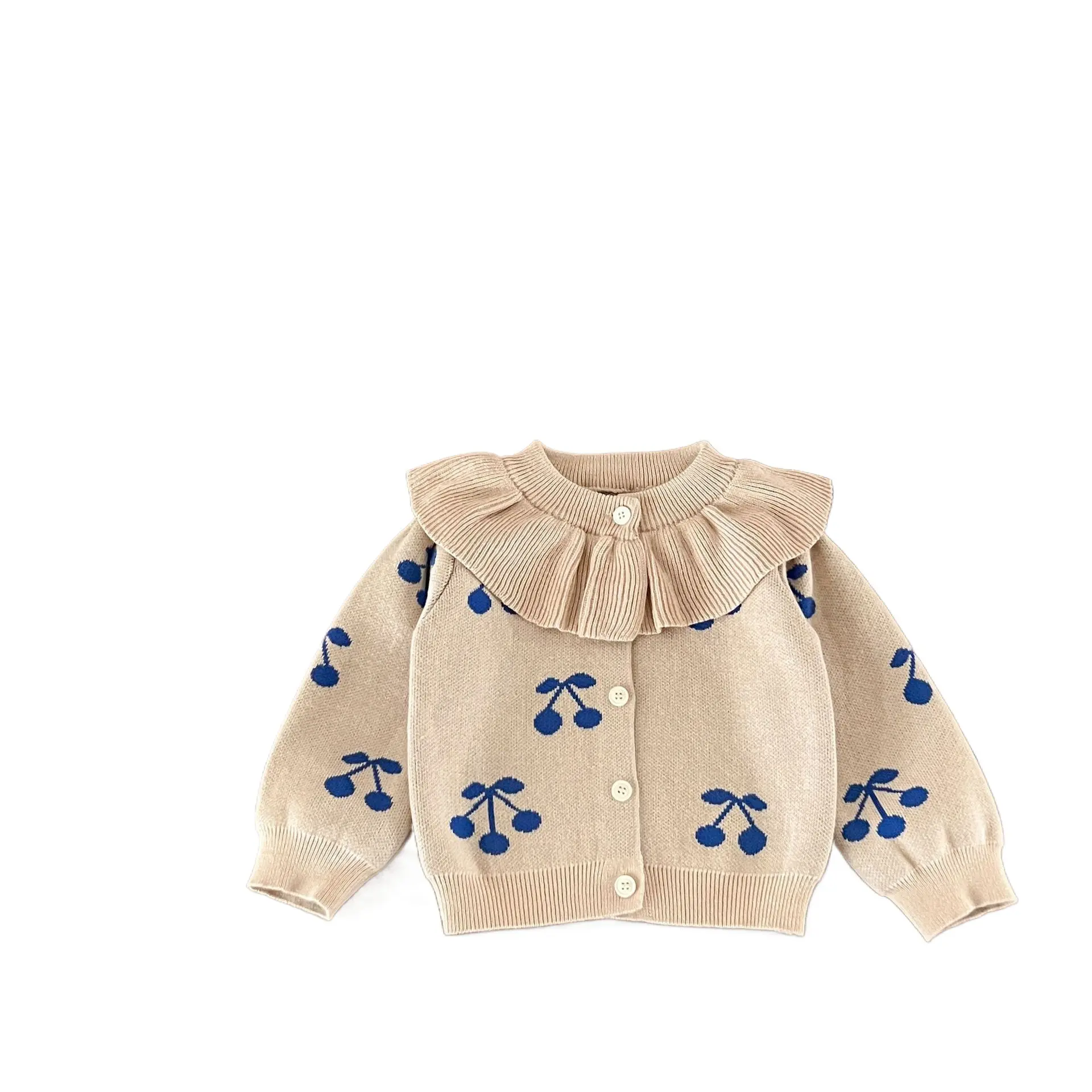Ins Korean Version of Girls' Baby Pure Cotton Lotus Collar Cherry Cardigan for Newborns Autumn Versatile Soft Sweater Jacket