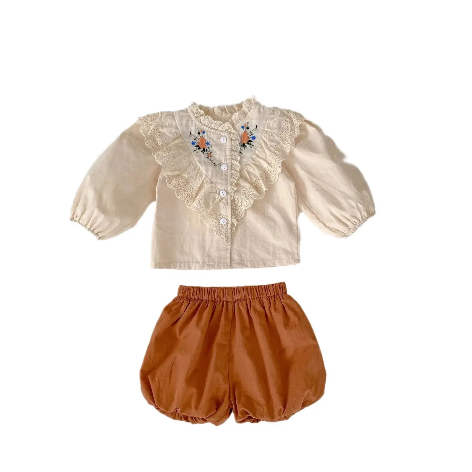 2025 Spring new in kids baby girls clothes children embroidery flower ruffles top shirts+Flower bud shorts infant set 2pcs 0-3Y