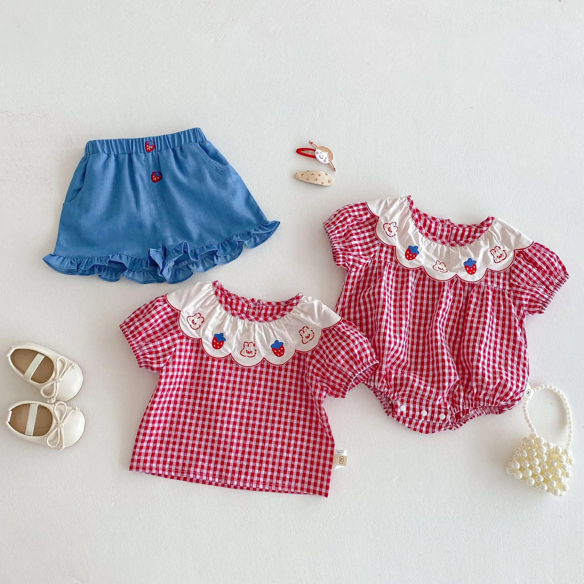 Baby Plaid Bag Fart Clothes 2025 New Summer Baby Embroidered Bunny Jumpsuit Girls Korean Version Doll Shirt