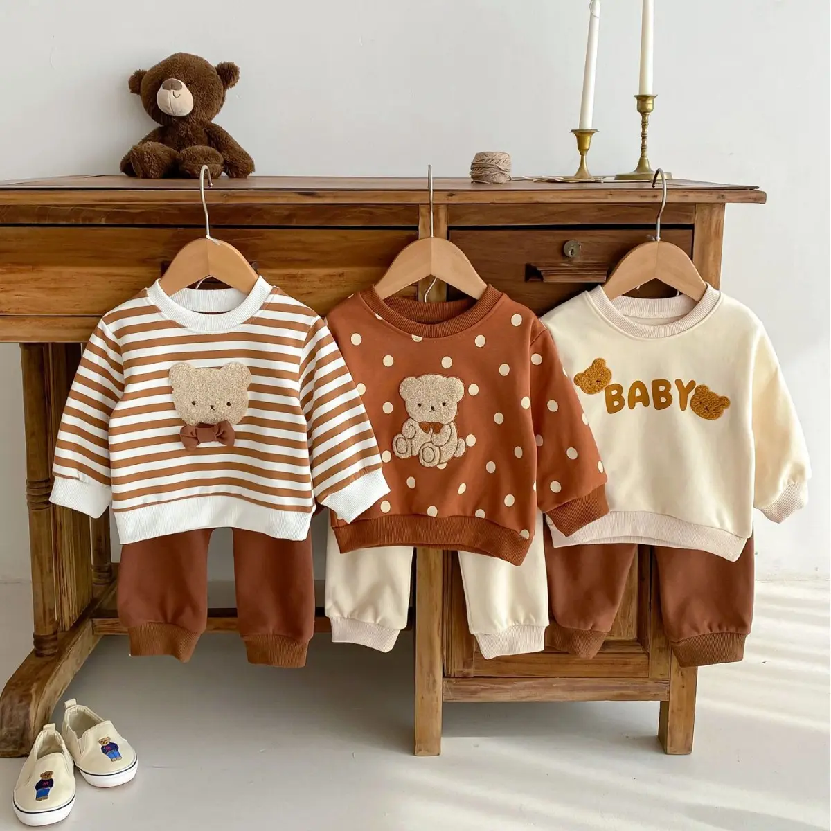 2025 Spring New in Kids Baby Boys Girls Cartoon Bear Striped Top Sweatshirts+harem Pants Children Infant Clothing Set 2pcs 3M-4Y