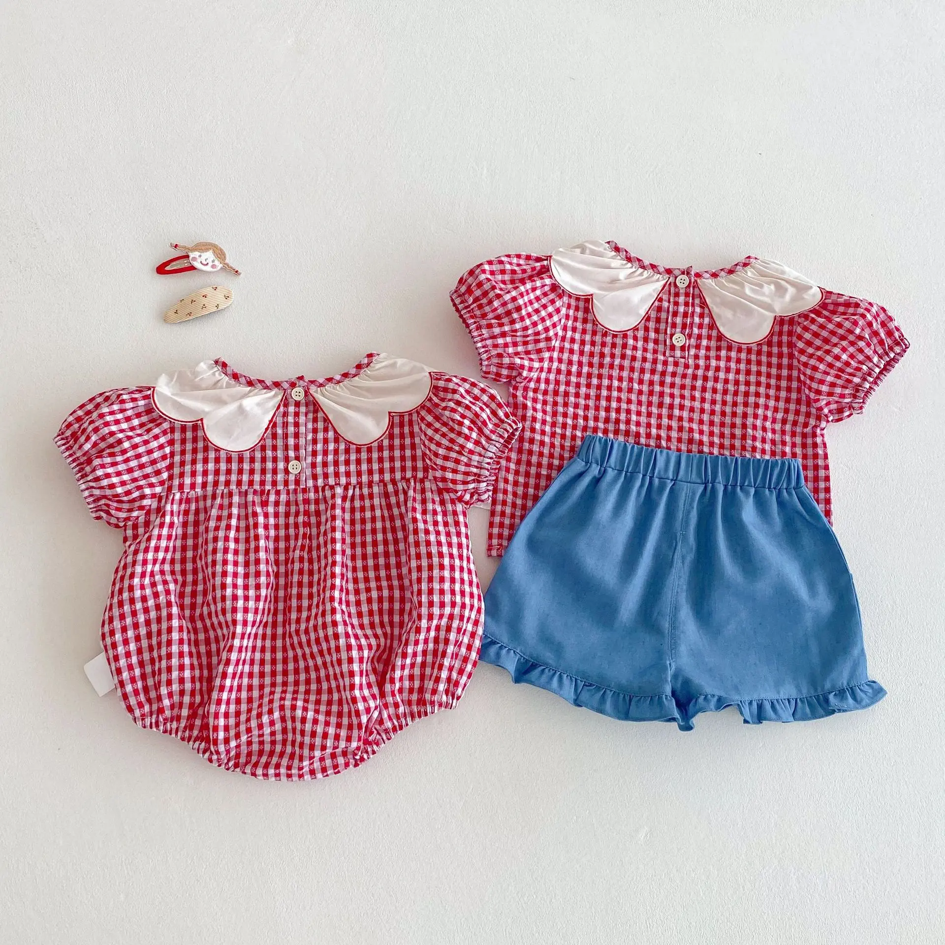 Baby Plaid Bag Fart Clothes 2025 New Summer Baby Embroidered Bunny Jumpsuit Girls Korean Version Doll Shirt