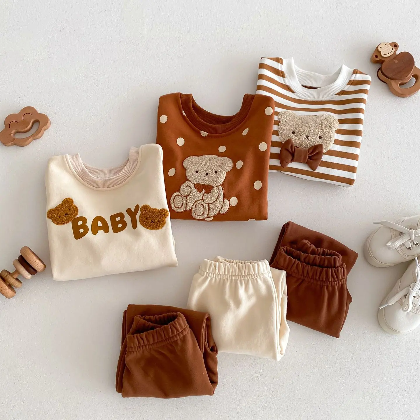 2025 Spring New in Kids Baby Boys Girls Cartoon Bear Striped Top Sweatshirts+harem Pants Children Infant Clothing Set 2pcs 3M-4Y