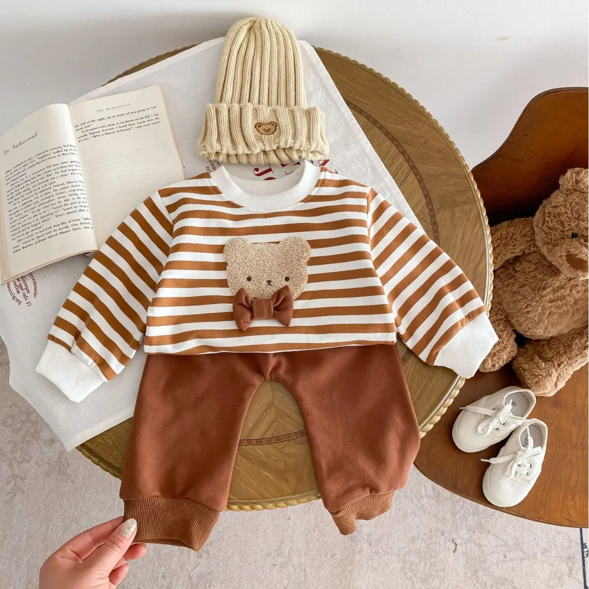 2025 Spring New in Kids Baby Boys Girls Cartoon Bear Striped Top Sweatshirts+harem Pants Children Infant Clothing Set 2pcs 3M-4Y