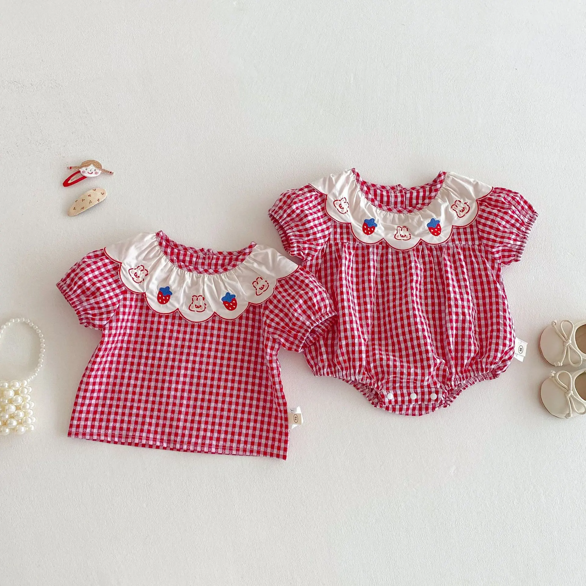 Baby Plaid Bag Fart Clothes 2025 New Summer Baby Embroidered Bunny Jumpsuit Girls Korean Version Doll Shirt