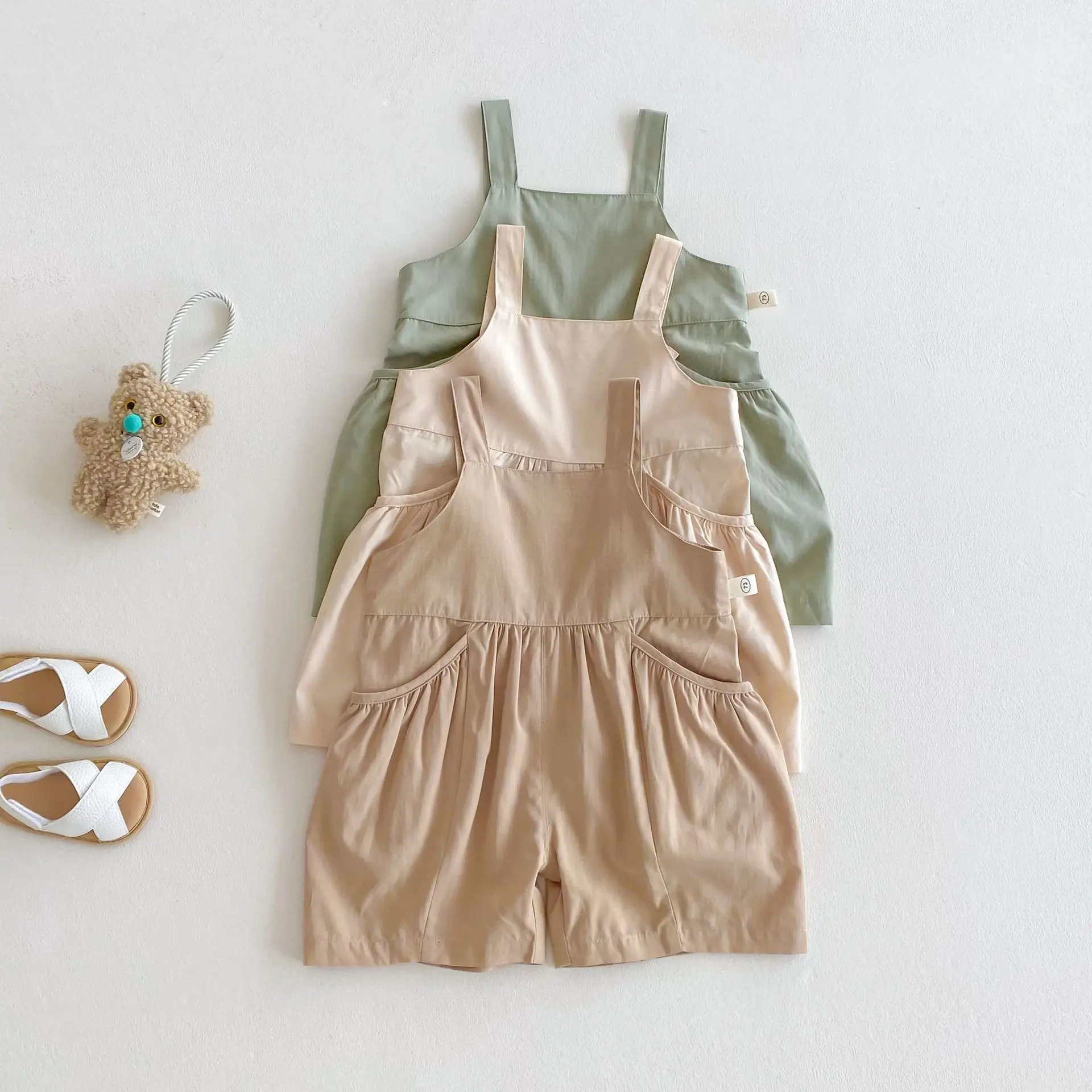 Children's solid color overalls 2025 new summer girls' stylish Korean version design casual pants baby pants thin