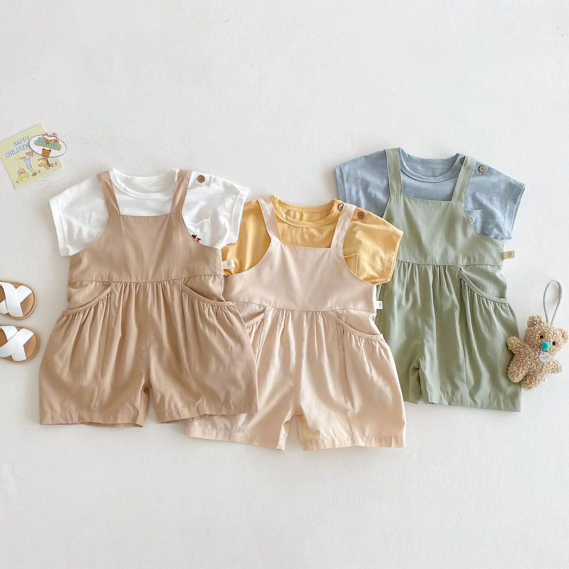 Children's solid color overalls 2025 new summer girls' stylish Korean version design casual pants baby pants thin