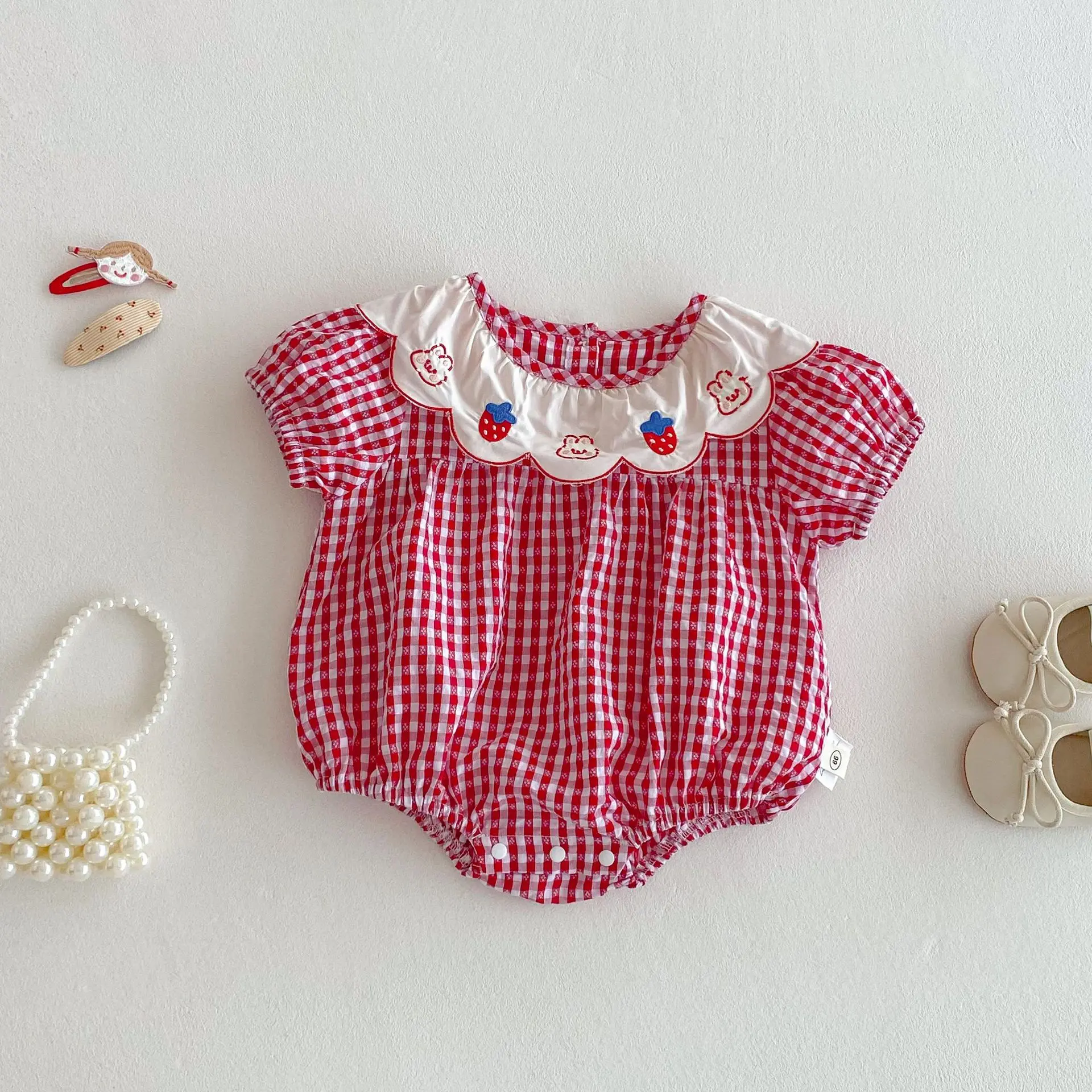 Baby Plaid Bag Fart Clothes 2025 New Summer Baby Embroidered Bunny Jumpsuit Girls Korean Version Doll Shirt