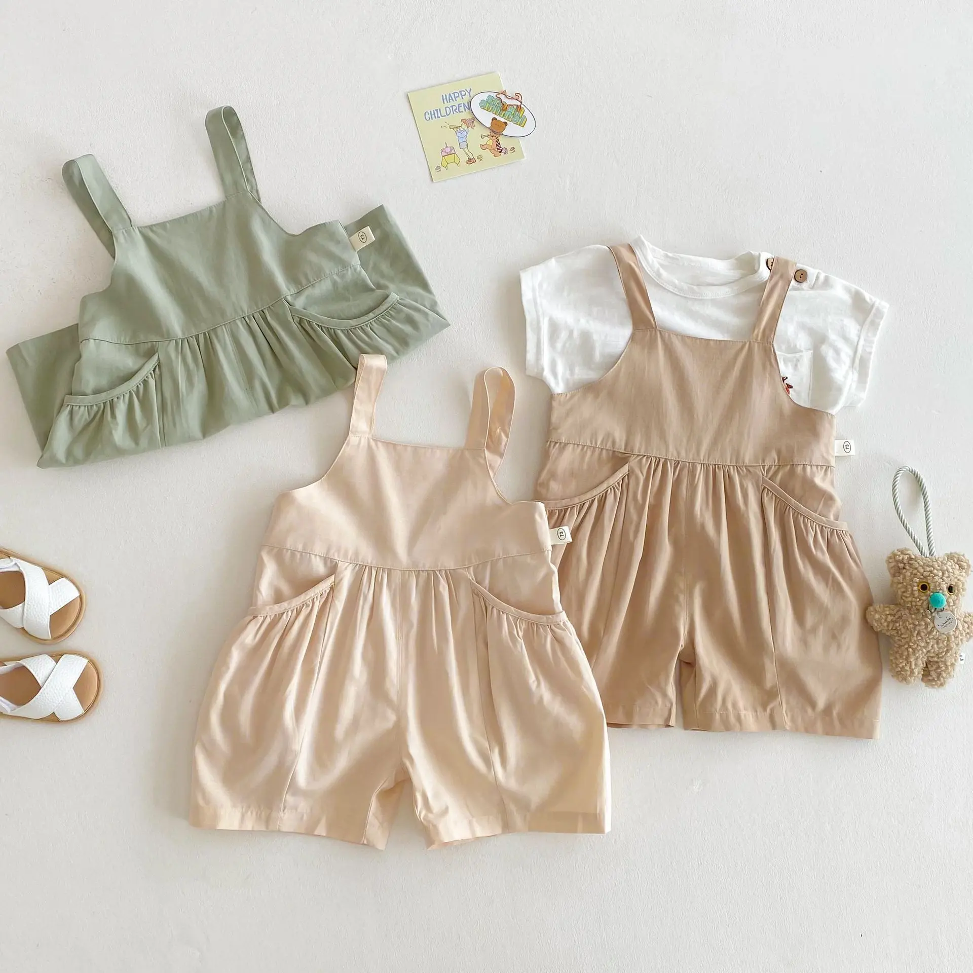 Children's solid color overalls 2025 new summer girls' stylish Korean version design casual pants baby pants thin