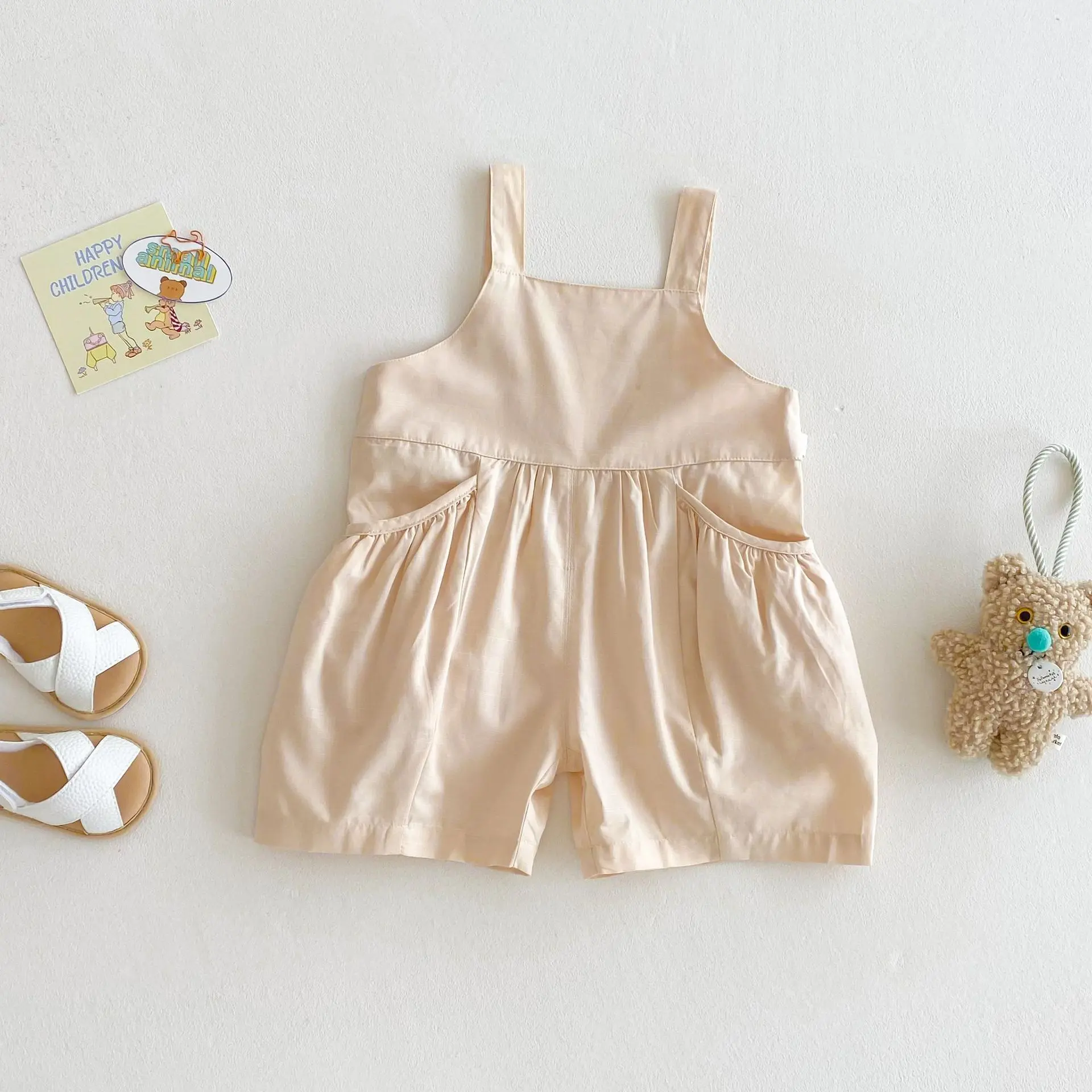 Children's solid color overalls 2025 new summer girls' stylish Korean version design casual pants baby pants thin