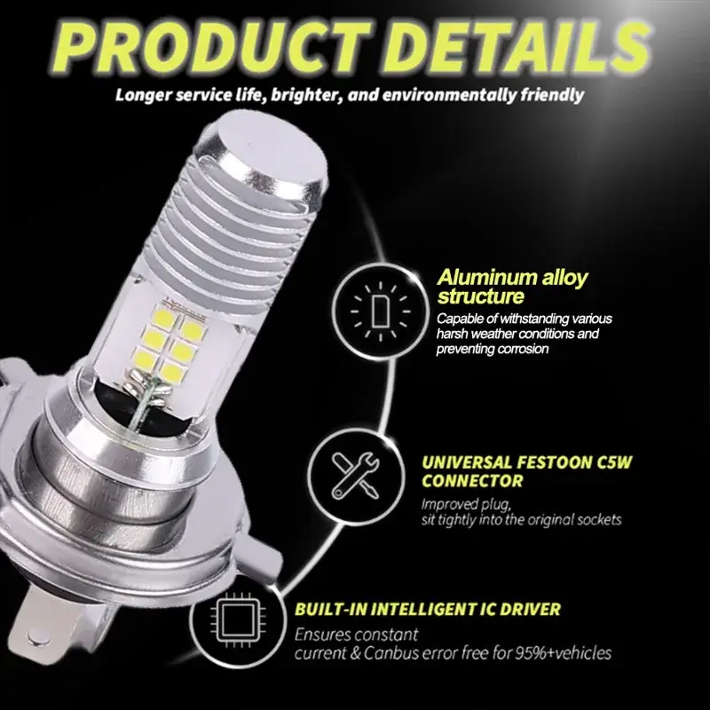 Motorcycle H4 3030 12SMD LED Headlight High Brightness Spotlight Bulbs 6000K White CANbus Bright Aluminum Alloy Light