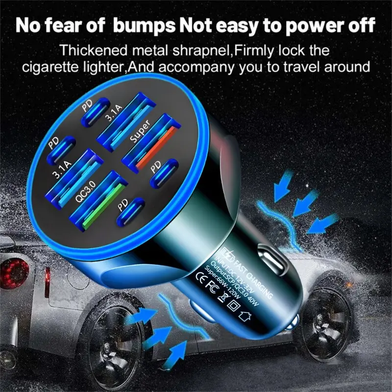 8 in 1 Digital Display Car Charger 4USB+4PD Support Super Fast Charging DC12-24V Multi Port Digital Display Mobile Phone Charger