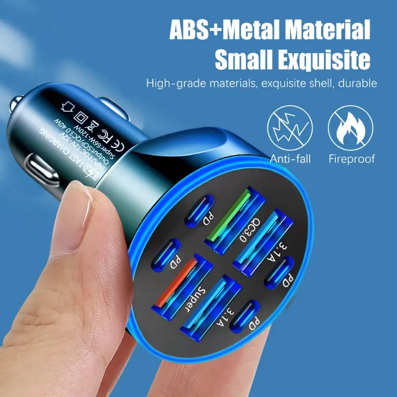 8 in 1 Digital Display Car Charger 4USB+4PD Support Super Fast Charging DC12-24V Multi Port Digital Display Mobile Phone Charger