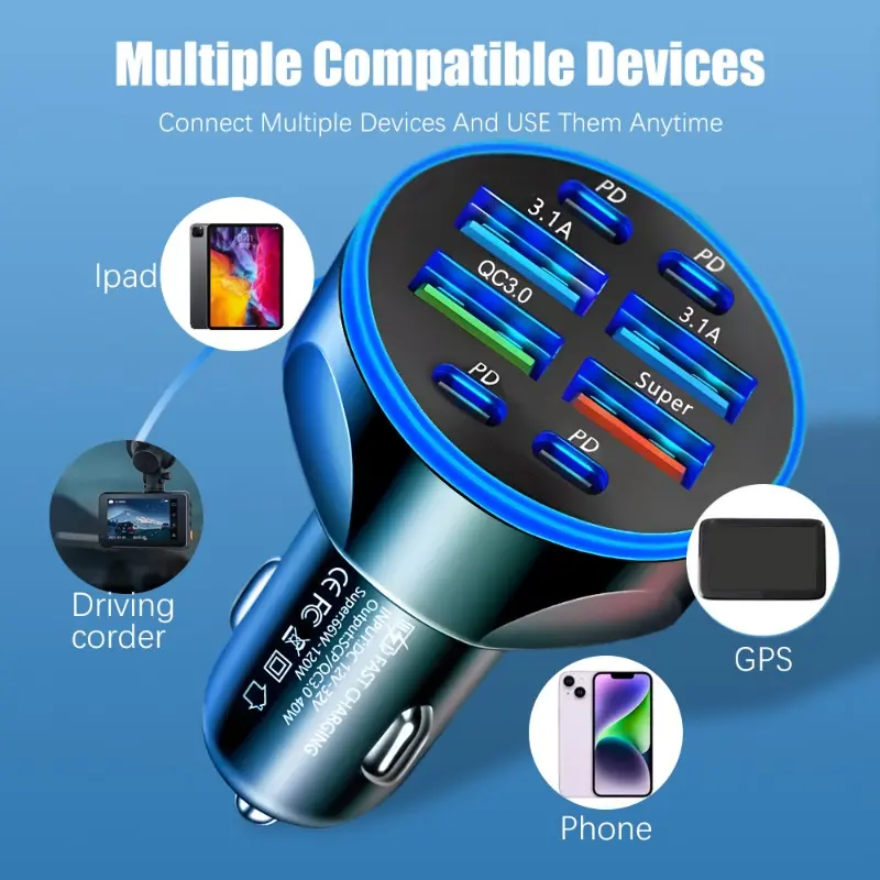 8 in 1 Digital Display Car Charger 4USB+4PD Support Super Fast Charging DC12-24V Multi Port Digital Display Mobile Phone Charger