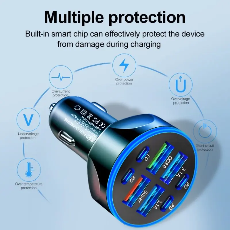 8 in 1 Digital Display Car Charger 4USB+4PD Support Super Fast Charging DC12-24V Multi Port Digital Display Mobile Phone Charger