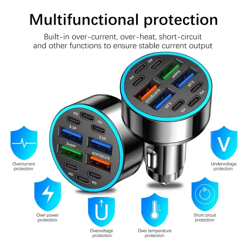 10Ports Car Charger Fast Charging PD QC3.0 USB Type C Auto Phone Charger Adapter Car 6PD+4USB for IPhone Samsung Huawei Xiaomi