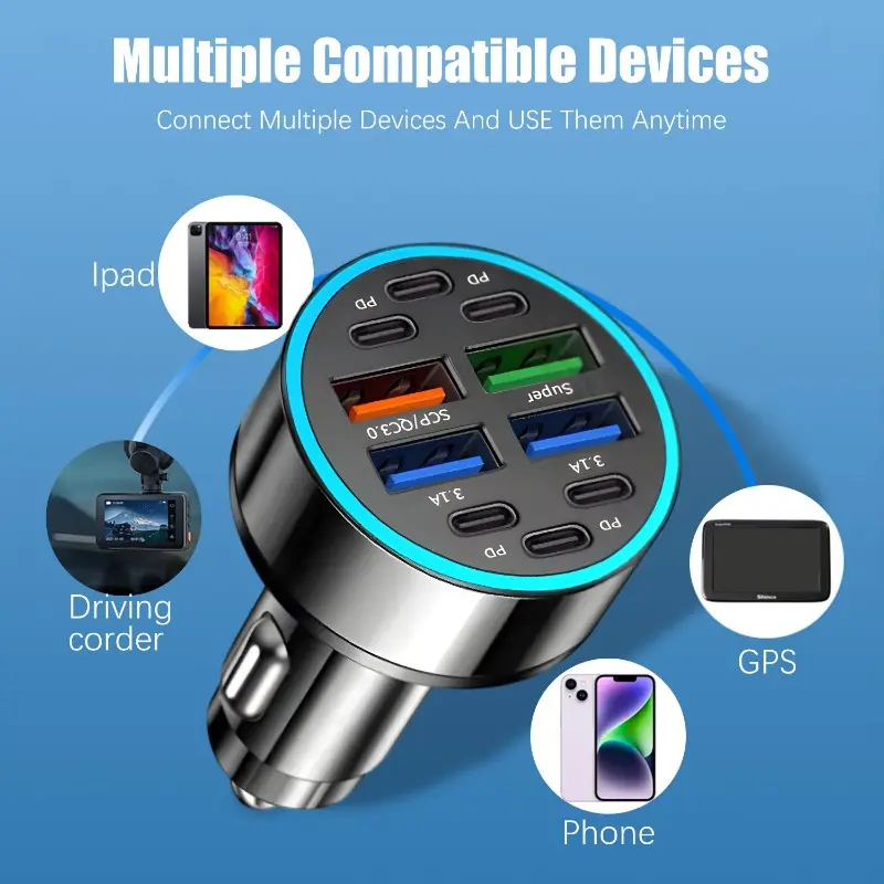 10Ports Car Charger Fast Charging PD QC3.0 USB Type C Auto Phone Charger Adapter Car 6PD+4USB for IPhone Samsung Huawei Xiaomi