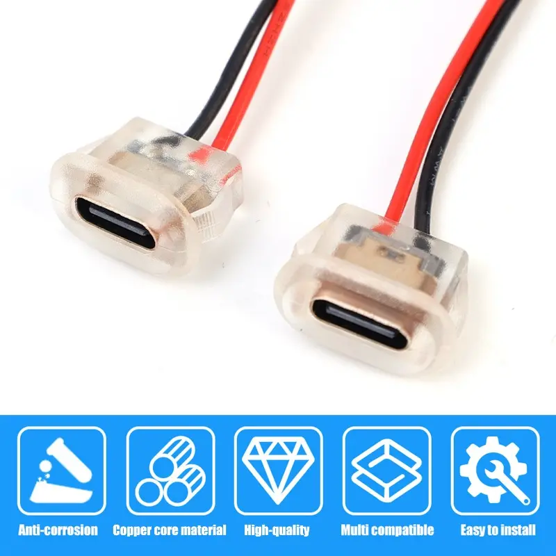 2pin USB Type C 5A Input Type Charging Socket with LED Lights Plate Waterproof USB-C Power Port TYPE-C Female Connector Jack