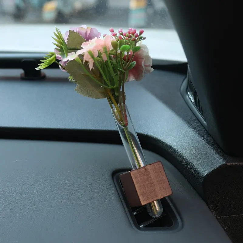 Stable Mini Car Flower Vase Clip Elegant Adjustable Car Vent Flower Vase Walnut and Glass Creative Auto Vent Decor Dashboard