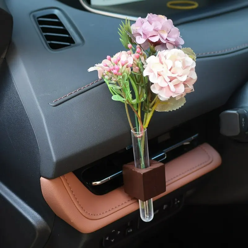 Stable Mini Car Flower Vase Clip Elegant Adjustable Car Vent Flower Vase Walnut and Glass Creative Auto Vent Decor Dashboard