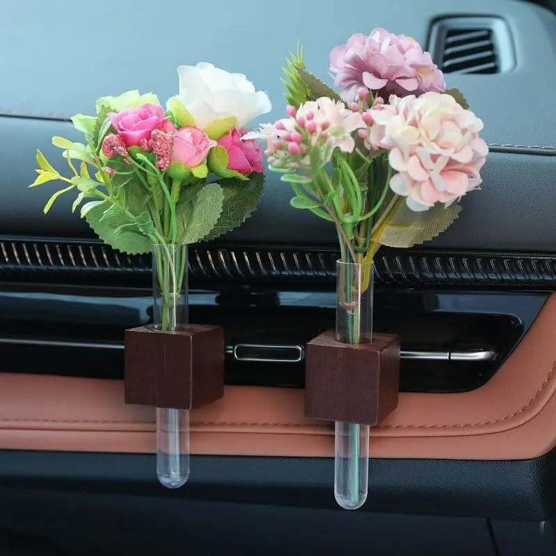 Stable Mini Car Flower Vase Clip Elegant Adjustable Car Vent Flower Vase Walnut and Glass Creative Auto Vent Decor Dashboard