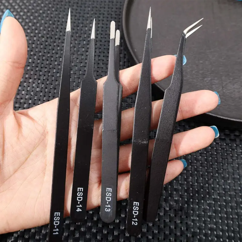 6pcs Precision Tweezers Set ESD Anti-Static Stainless Steel Tweezers Repair Tools for Car Electronics Soldering Craft Tools