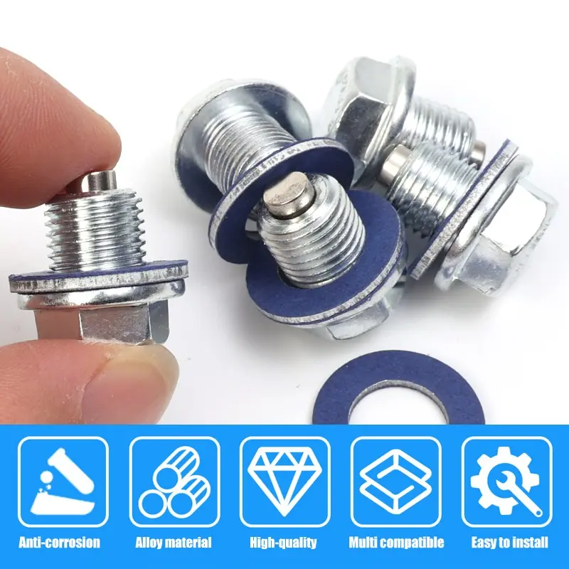 M12*1.25 Car Engine Oil Pan Drain Plug Bolt Silver with Washer Magnetic Oil Drain Screws Seal Ring for Toyota/Toyoda Gaskets