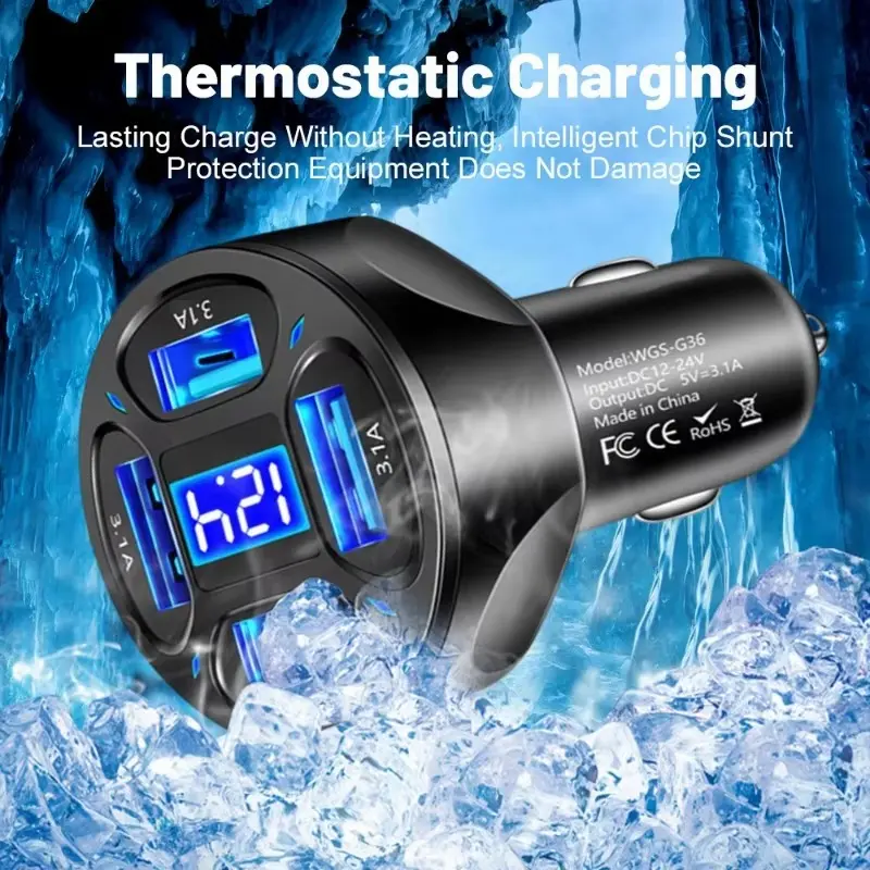 Car Charger Fast Charging Quick Charge 4USB+3.1A Car Mobile Phone Charger Adapter for IPhone 16 Pro 15 Samsung Type C PD Charger
