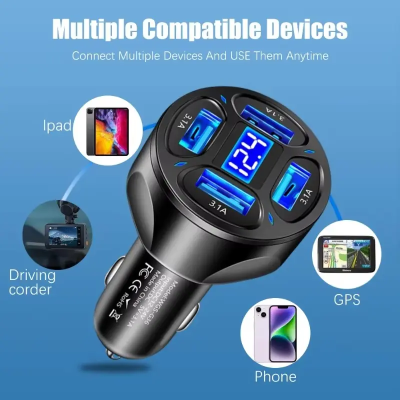 Car Charger Fast Charging Quick Charge 4USB+3.1A Car Mobile Phone Charger Adapter for IPhone 16 Pro 15 Samsung Type C PD Charger
