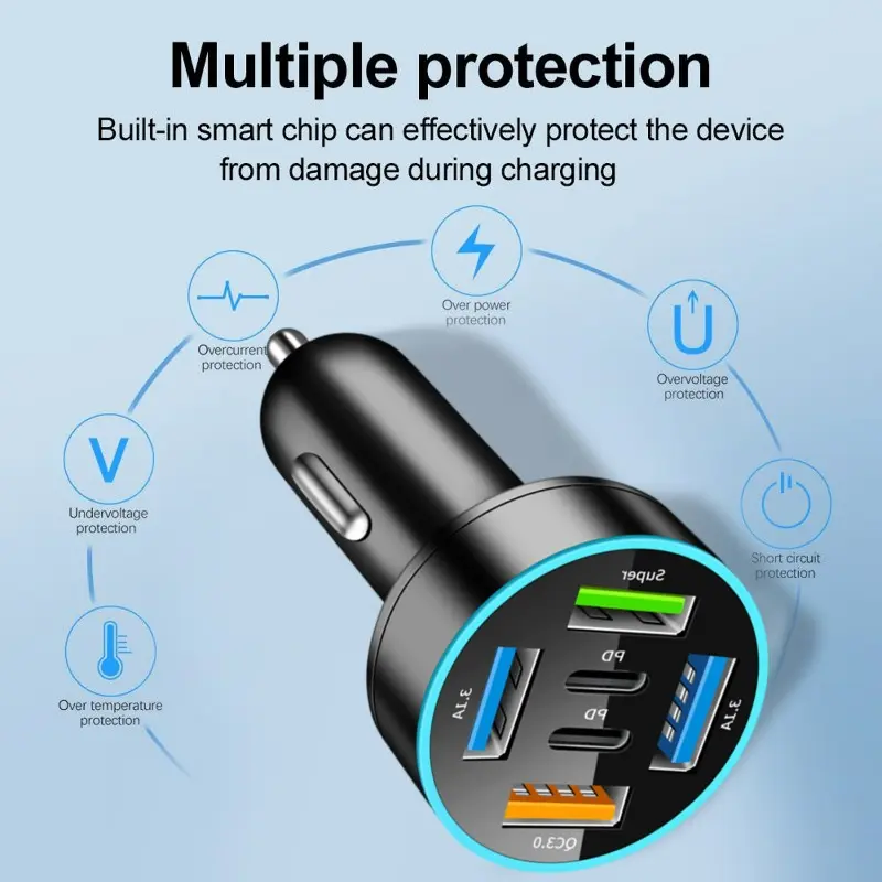 New Digital Display Car with 4USB+2PD Car Charger 66w Fast Charging Car Mobile Phone Adapter PD Mobile Phone Charging Head