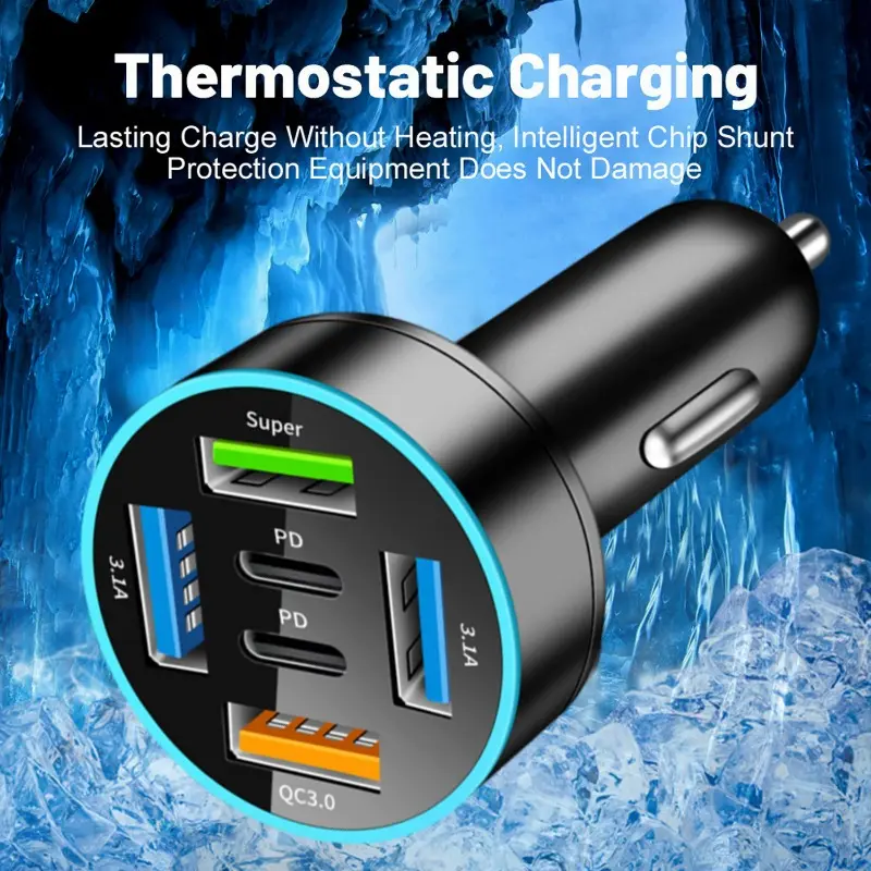 New Digital Display Car with 4USB+2PD Car Charger 66w Fast Charging Car Mobile Phone Adapter PD Mobile Phone Charging Head