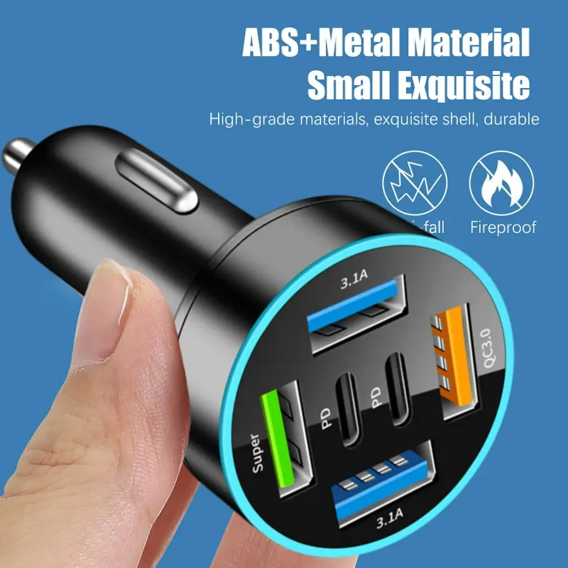 New Digital Display Car with 4USB+2PD Car Charger 66w Fast Charging Car Mobile Phone Adapter PD Mobile Phone Charging Head