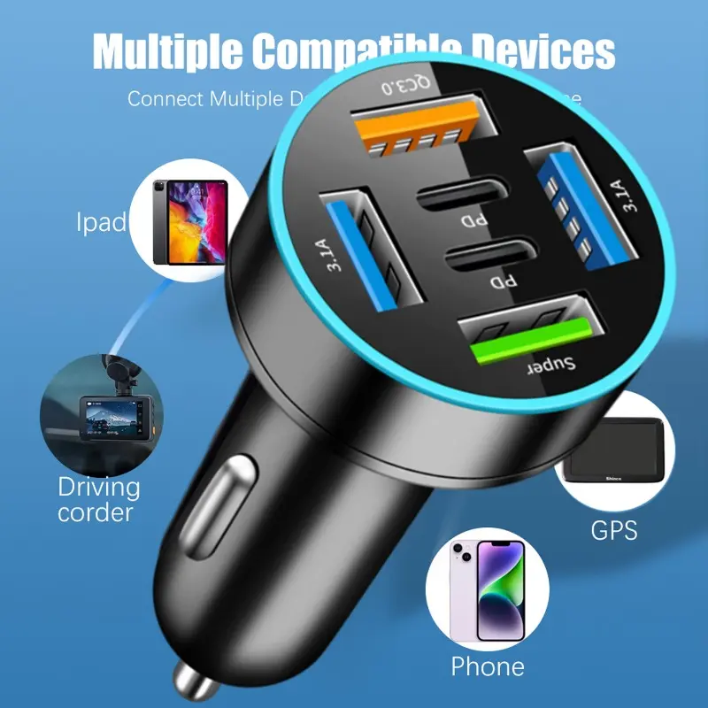 New Digital Display Car with 4USB+2PD Car Charger 66w Fast Charging Car Mobile Phone Adapter PD Mobile Phone Charging Head