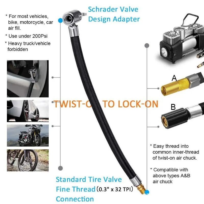 10 20 30 40cm Car Tire Inflator Hose Inflatable Air Pump Extension Tube Adapter Twist Tyre Connection Locking Air Chuck
