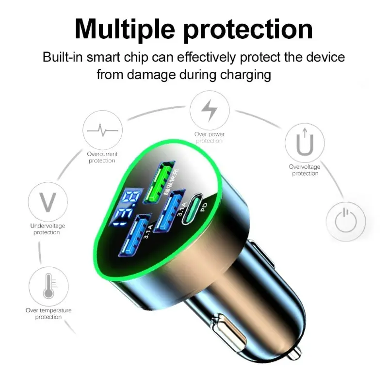 350W Car Phone Charger USB Type C Super Fast Charge in Car with LED Voltage Monitor for IPhone Samsung Huawei Oneplus Vivo Oppo