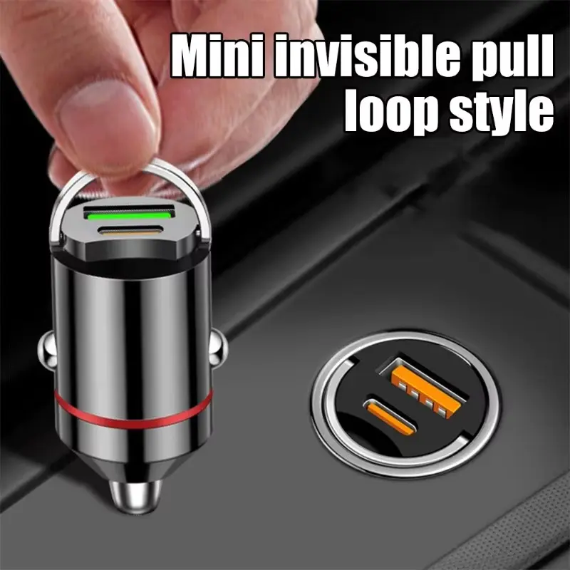12-24V Dual Ports Car Charger Automatic Pull Ring PD+USB Fast Charging Type-C QC3.0 Car Charger Auto Cigarette Lighter Adapter