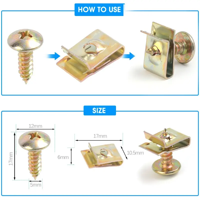 M5 Self-tapping Screw U-Type Clips Tapping Fastener Anti-rust Protection Metal Retainer for Car Motorcycle Scooter ATV Moped