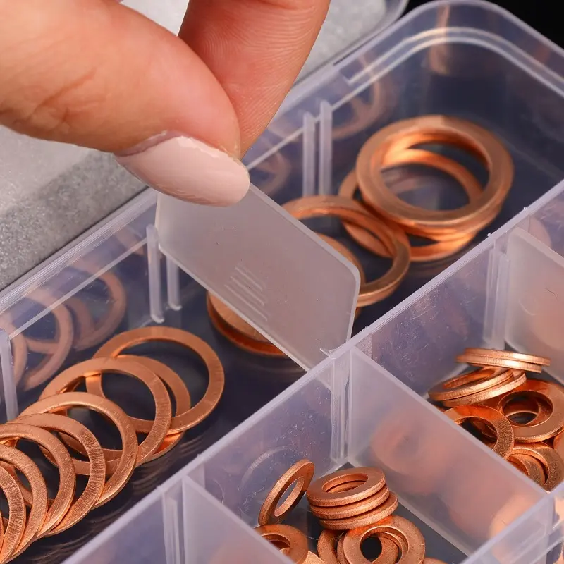Copper Washer Gasket Nut and Bolt Set Flat Ring Seal Assortment Kit with Box M4/M5/M6/M8/M10/M12/M14 for Sump Plugs