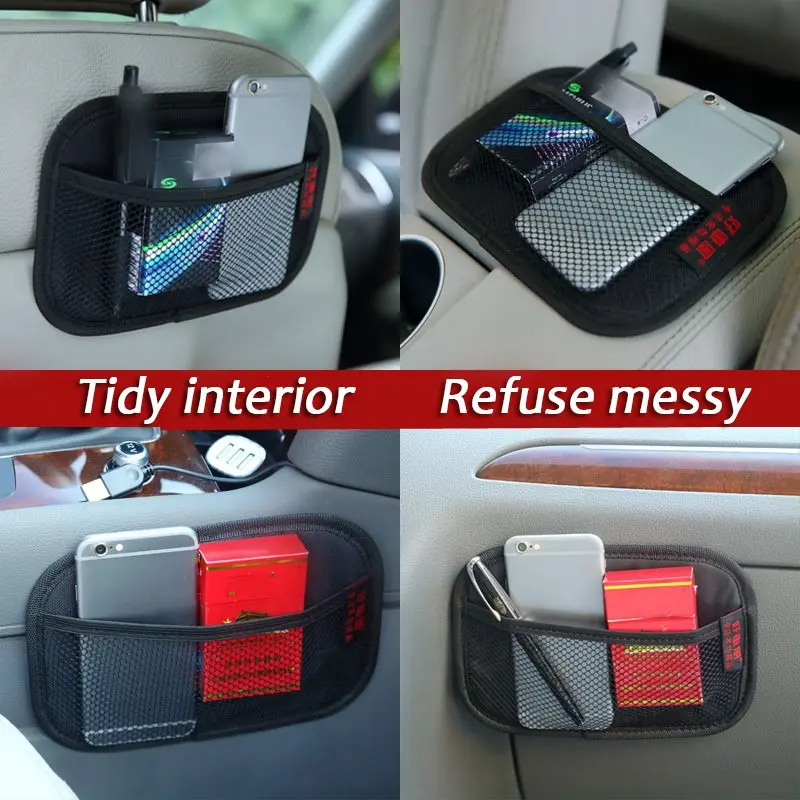 S/L Car Net Pocket Leather Oxford Fabric Mesh Bag  Coins Keys Storage Net Bag Car Interior Organizer Stowing Tidying