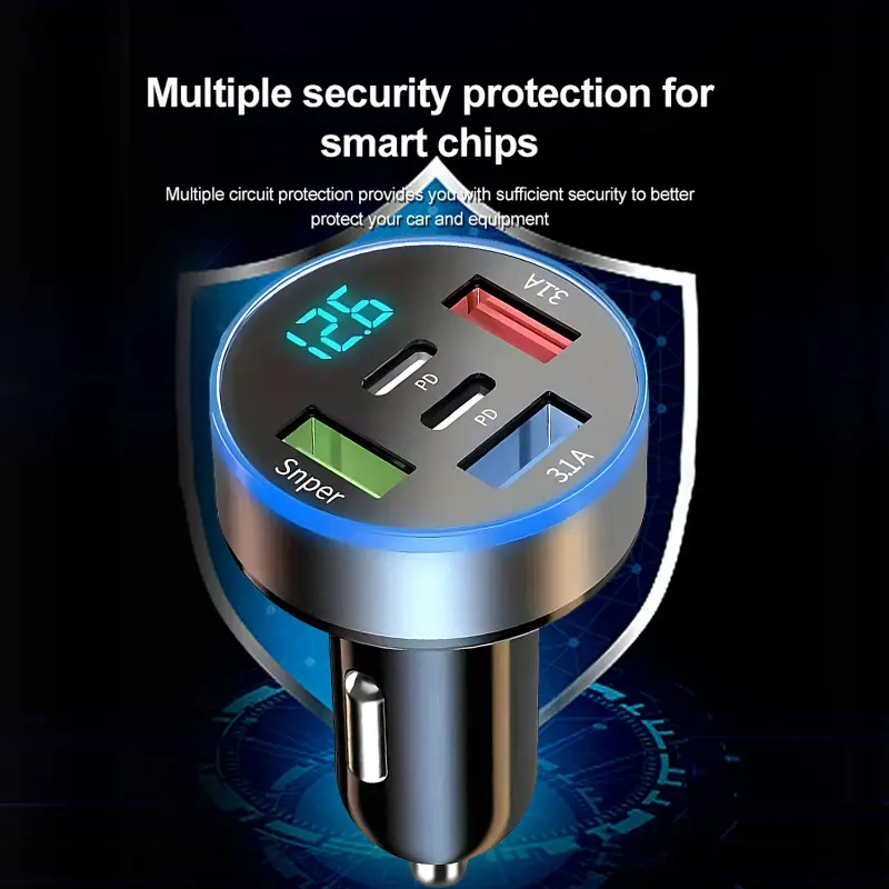 66W 5 Ports Car Charger Fast Charging PD QC3.0 USB C Car Phone Charger Adapter with Voltage for IPhone Samsung Huawei Xiaomi