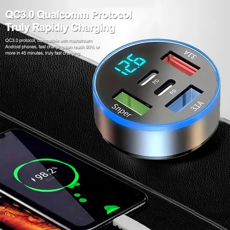 66W 5 Ports Car Charger Fast Charging PD QC3.0 USB C Car Phone Charger Adapter with Voltage for IPhone Samsung Huawei Xiaomi