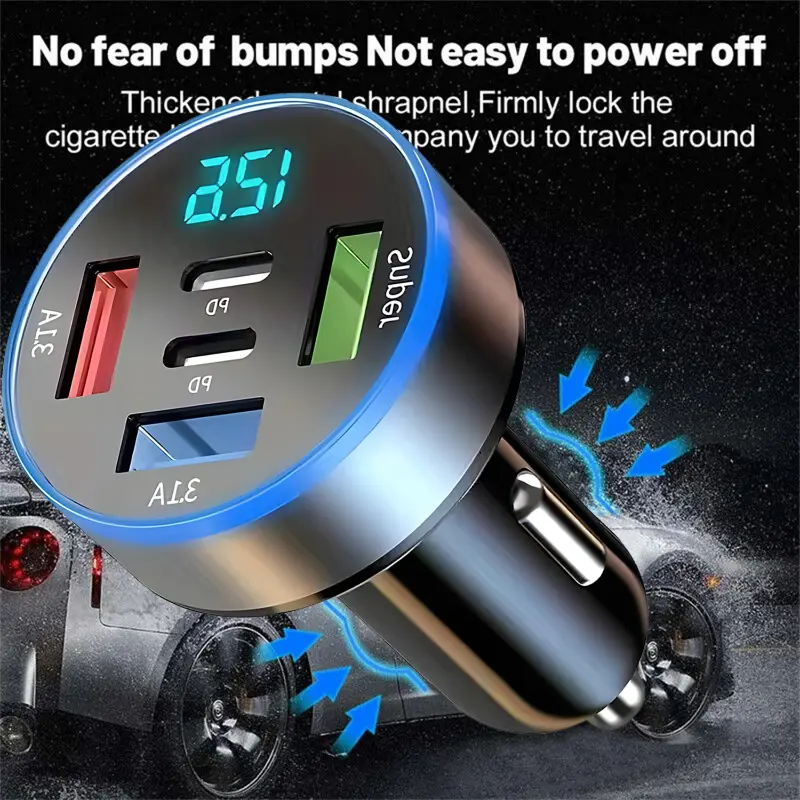 66W 5 Ports Car Charger Fast Charging PD QC3.0 USB C Car Phone Charger Adapter with Voltage for IPhone Samsung Huawei Xiaomi