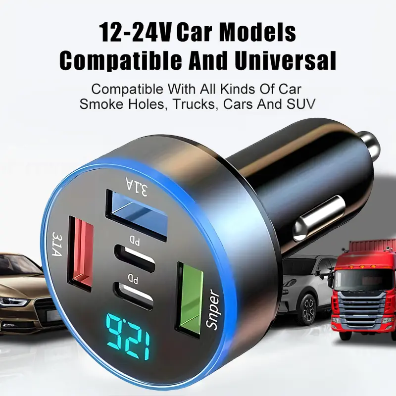 66W 5 Ports Car Charger Fast Charging PD QC3.0 USB C Car Phone Charger Adapter with Voltage for IPhone Samsung Huawei Xiaomi