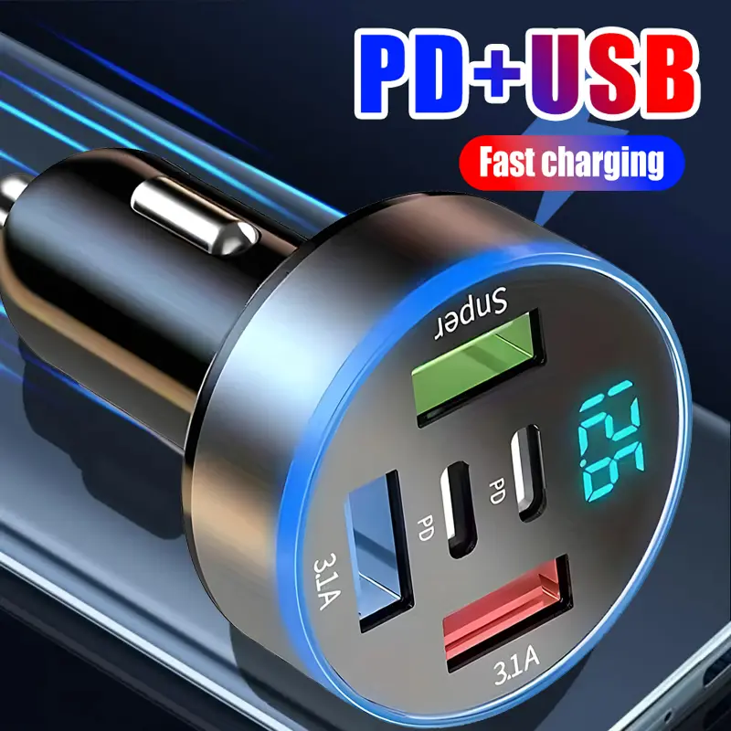 66W 5 Ports Car Charger Fast Charging PD QC3.0 USB C Car Phone Charger Adapter with Voltage for IPhone Samsung Huawei Xiaomi
