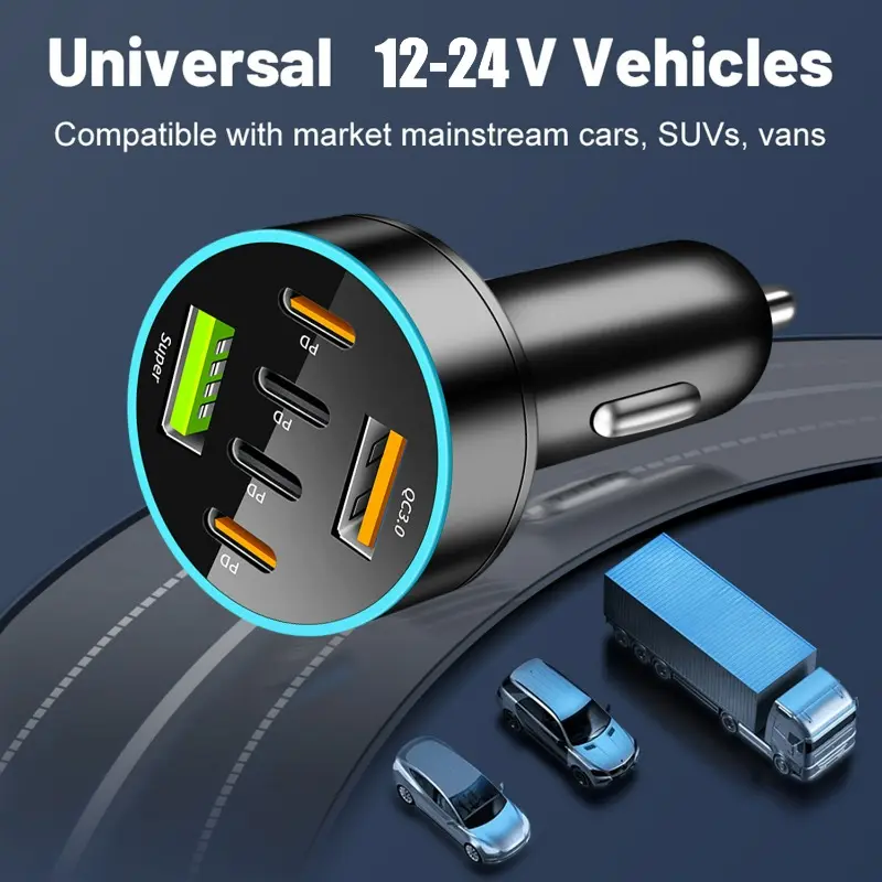 New Digital Display Car Fast Charging 4PD+2USB  Car Mobile Phone Adapter Charging Head Multi-function for Cigarette Lighter