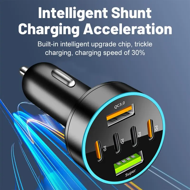 New Digital Display Car Fast Charging 4PD+2USB  Car Mobile Phone Adapter Charging Head Multi-function for Cigarette Lighter