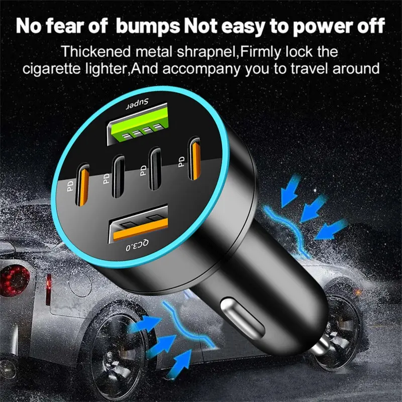 New Digital Display Car Fast Charging 4PD+2USB  Car Mobile Phone Adapter Charging Head Multi-function for Cigarette Lighter