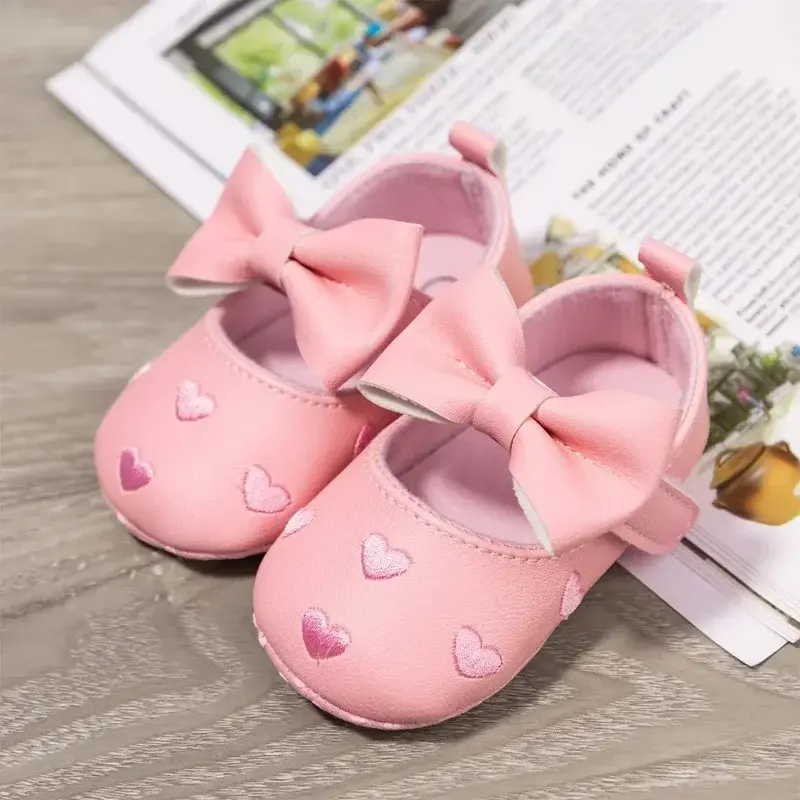 Baby Girls 0-18 Months Indoor First Walker Shoes Soft Cotton Sole Non-Slip Classic Embroidery Bowknot Hook & Loop Infant Booties