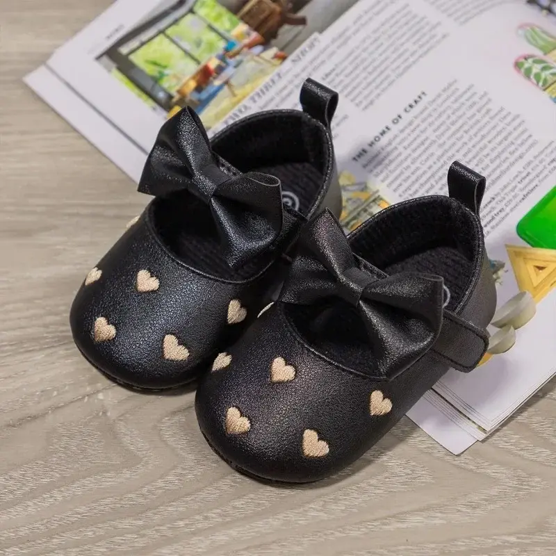 Baby Girls 0-18 Months Indoor First Walker Shoes Soft Cotton Sole Non-Slip Classic Embroidery Bowknot Hook & Loop Infant Booties