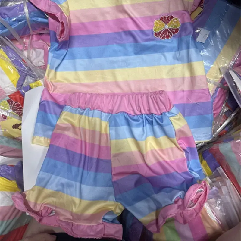 Baby Girls Summer Casual Rainbow Stripe T-shirts+Pants 2pcs Suits 1-6 Years Olds Girls Trend Sports Outifs Sets Kids Clothes